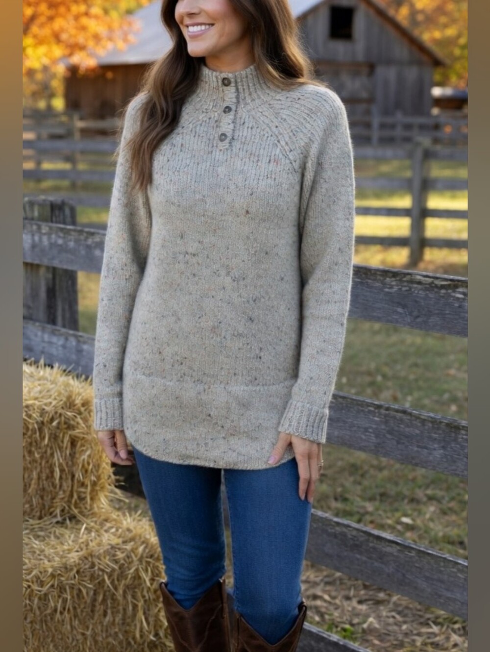 Women's Wool Blend Cream Speckled Knit Henley Cottagecore Sweater